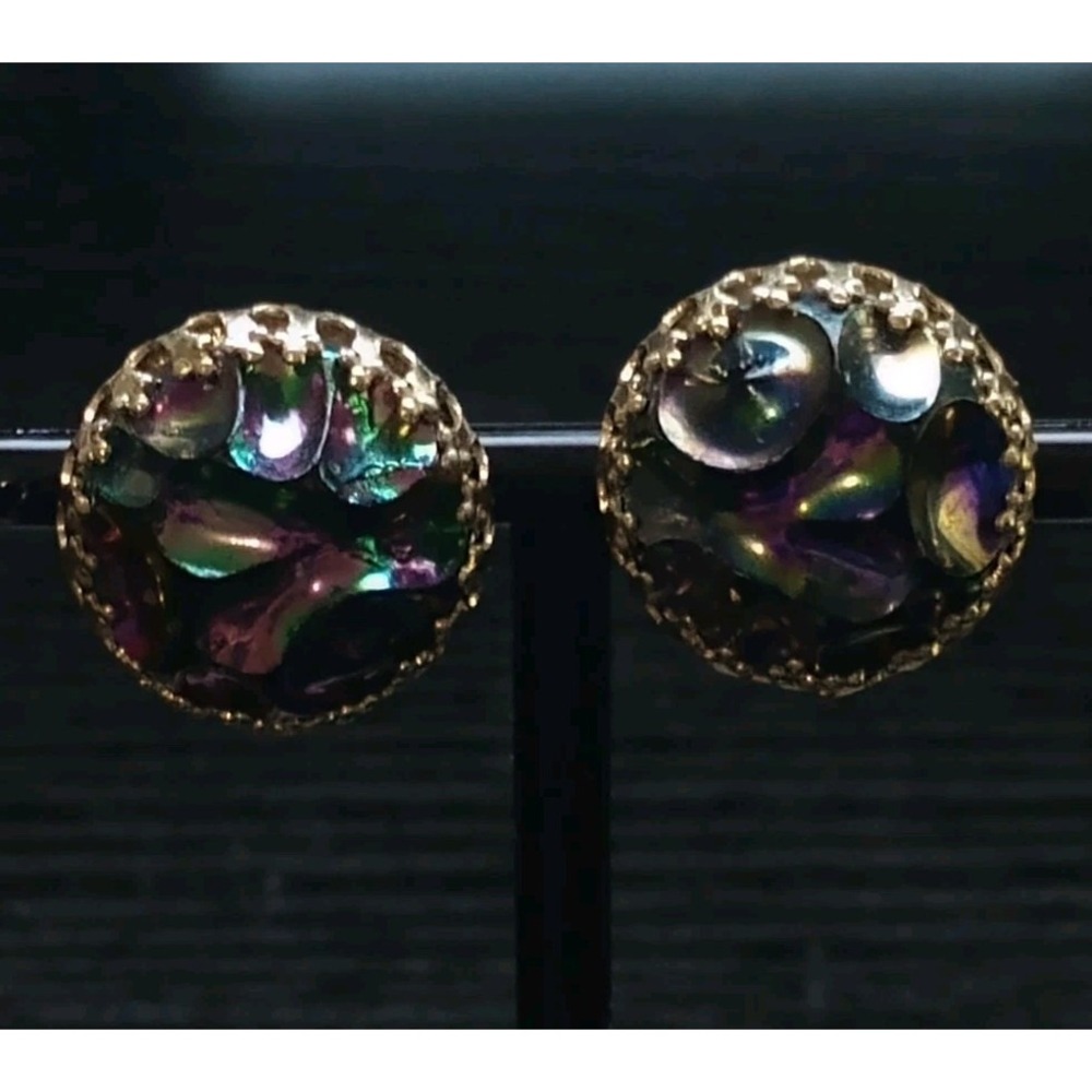 Vintage Made in Austria Iridescent‎ Glass Clip Earrings Gold Tone Mid Century
